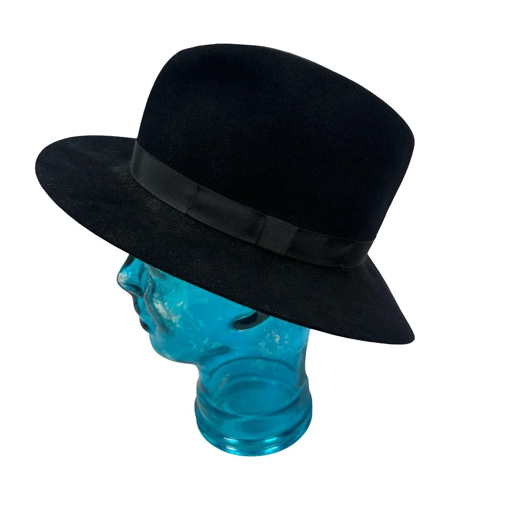 Fiorentino Black Fur Felt Fedora Hat Made in Italy Small Pinch Front‎ Wide Brim